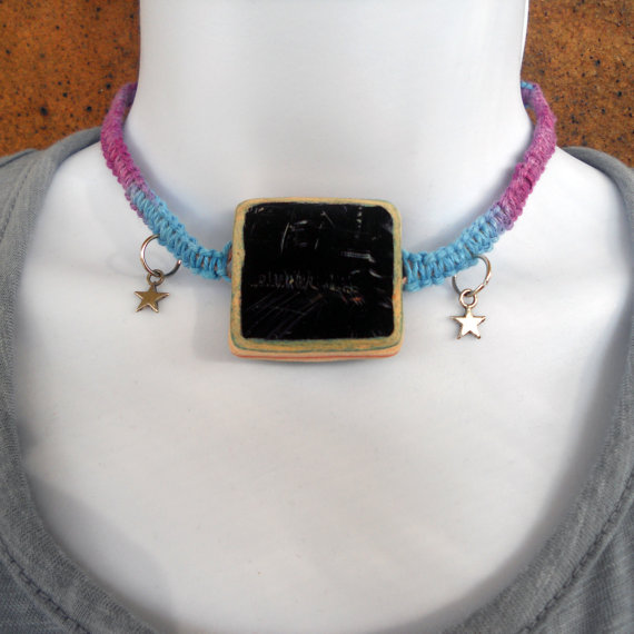 TakeTwoSkateShop eco friendly recycled skateboard bead with stars reversible hemp necklace