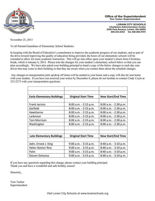 elementary school hours change january 2014