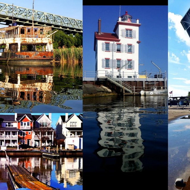 4 photo collage of objects reflected in the water.