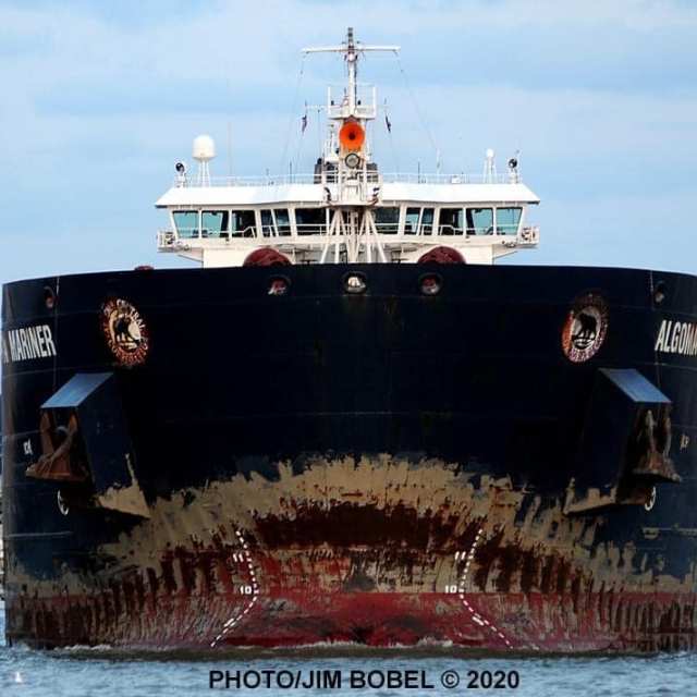 Weathered bow of lake freighter resembles scary face