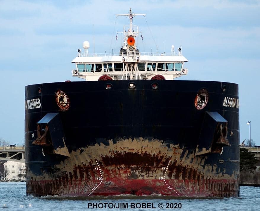 Weathered bow of lake freighter resembles scary face