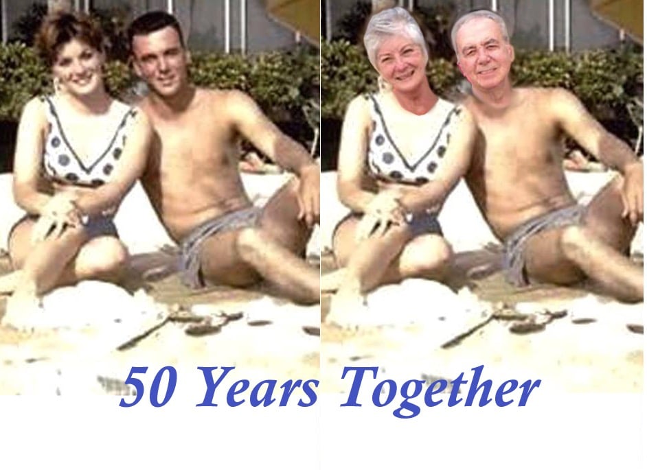 Original image of young couple on the beach next to edited image of young couple with current older faces.   